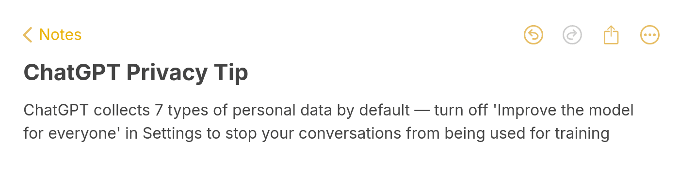 Note highlighting that ChatGPT collects 7 types of personal data by default and how to disable the Improve the model for everyone setting