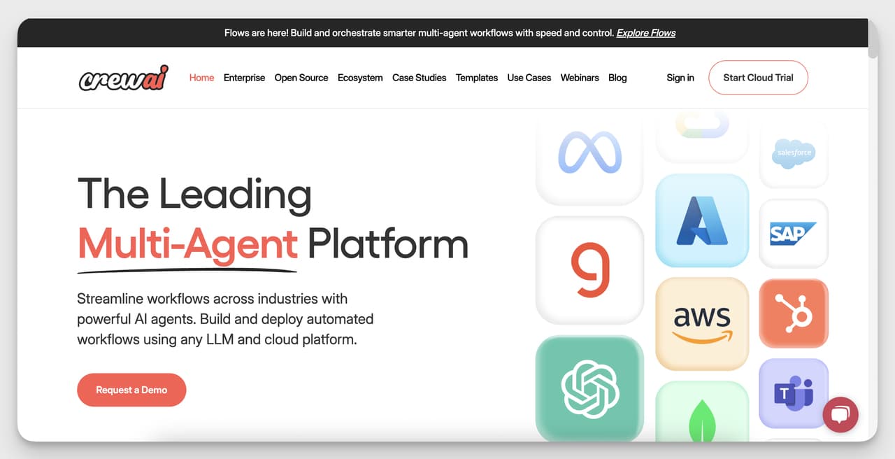 CrewAI landing page highlighting its focus on multi-agent AI workflows for enterprise and developer teams.