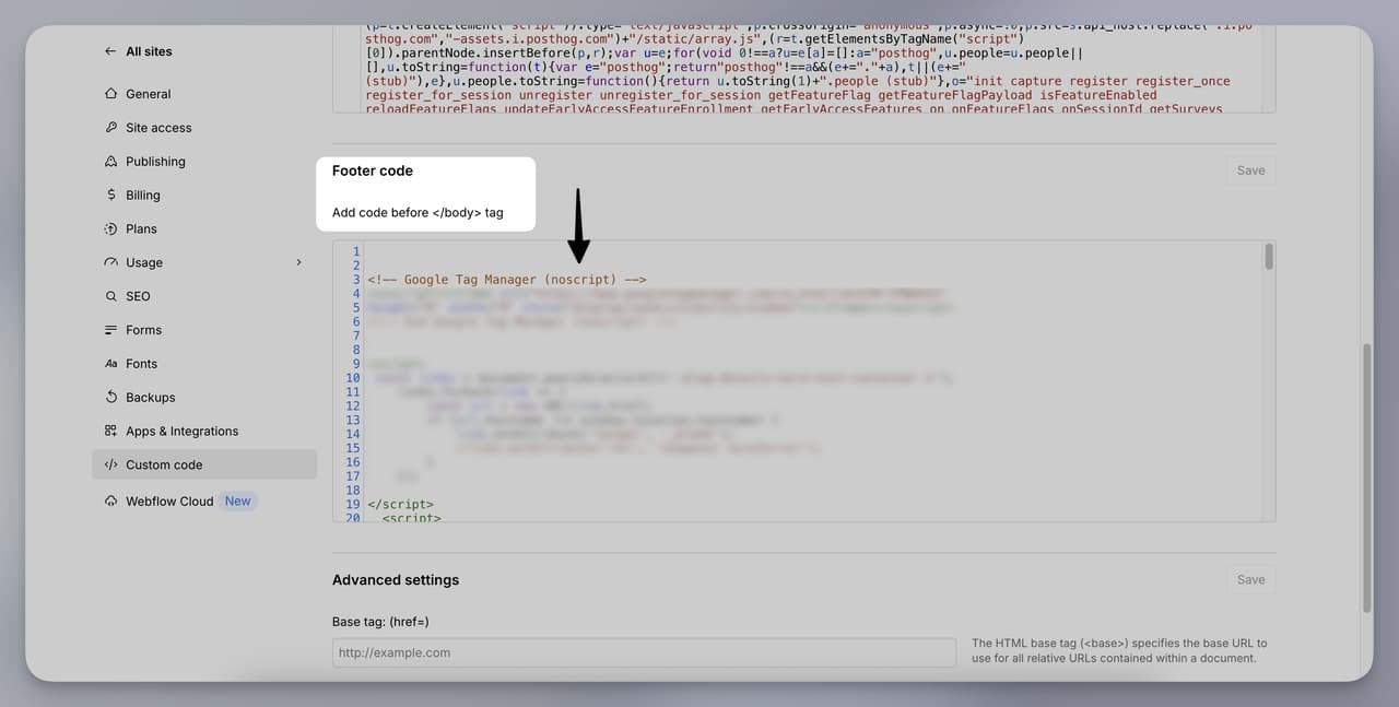 Webflow Custom Code panel with Footer Code section for adding the Webflow AI Agent script before the closing body tag
