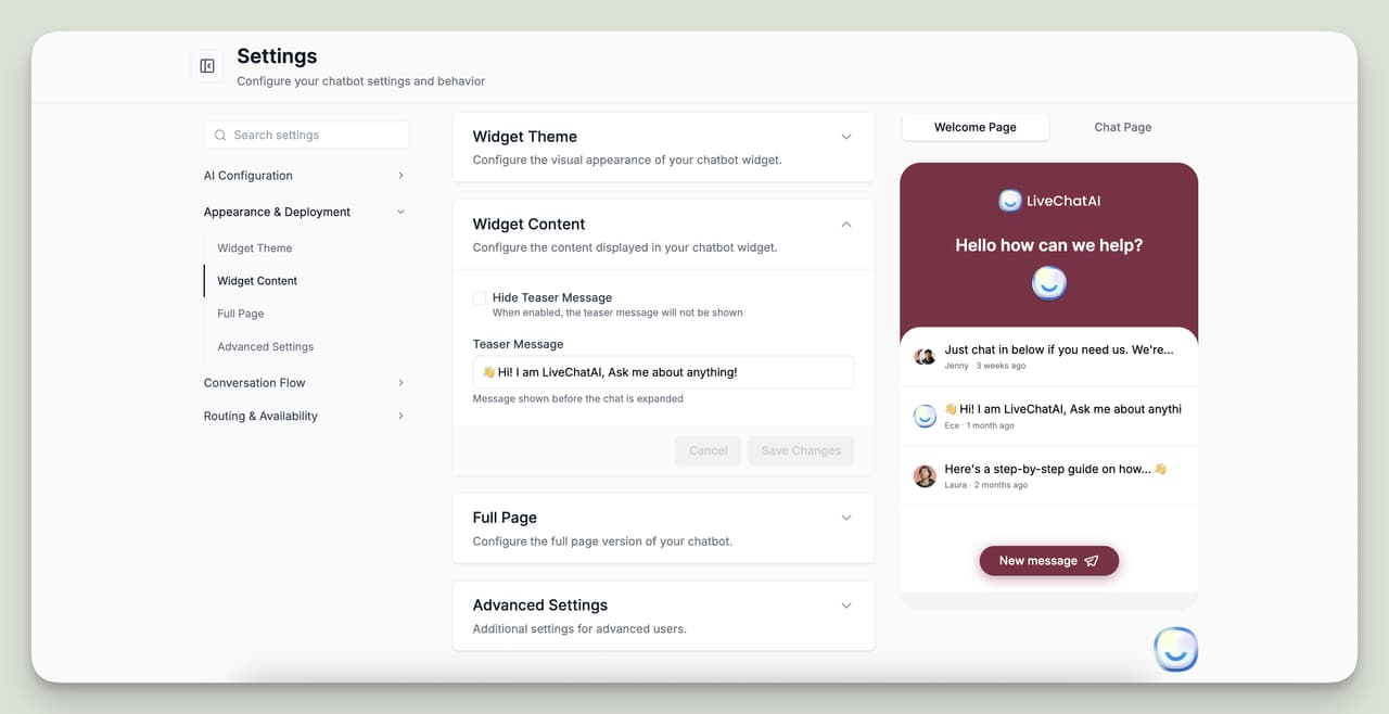 LiveChatAI widget content settings panel with teaser message customization and live chatbot preview window.