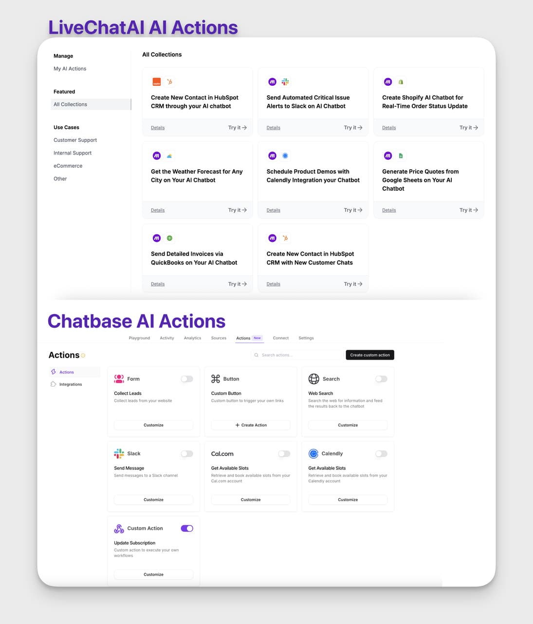 Comparison of AI Actions in LiveChatAI and Chatbase platforms for chatbot automation