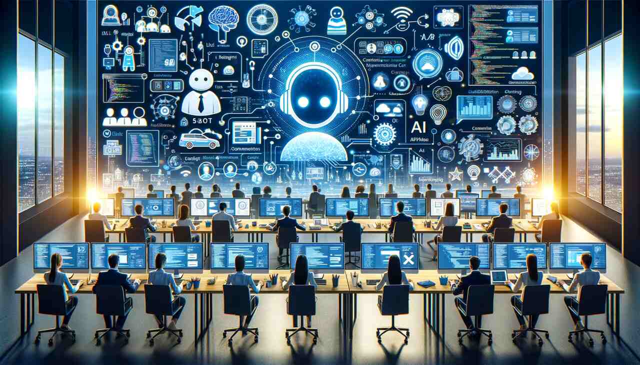 Illustration showing a chatbot agency team building an AI assistant for a client business