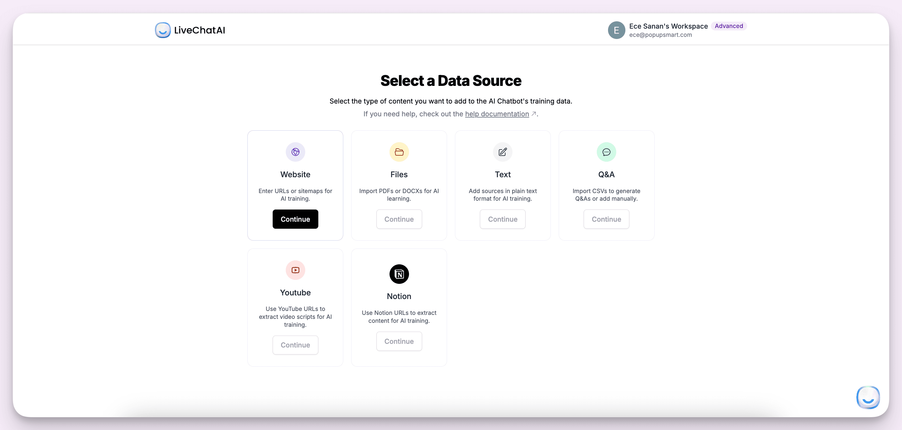 Selecting data source on LiveChatAI to train chatbot with website content and help docs