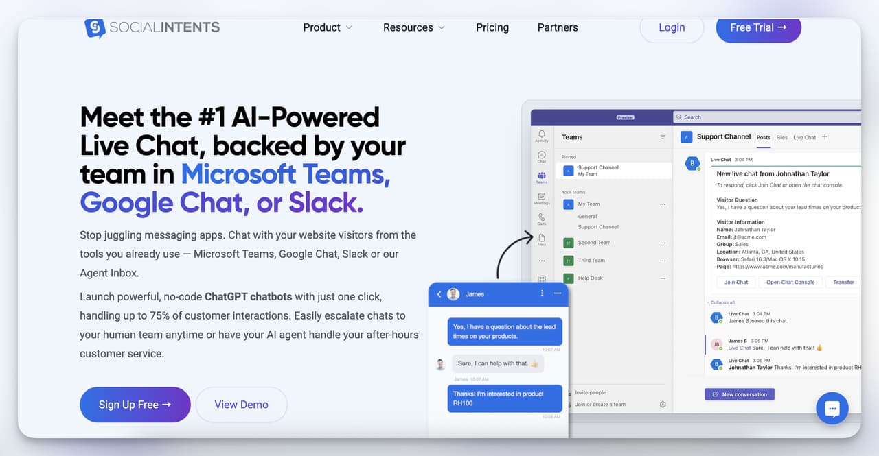 Social Intents homepage showcasing AI-powered live chat integrated with Microsoft Teams, Google Chat, and Slack