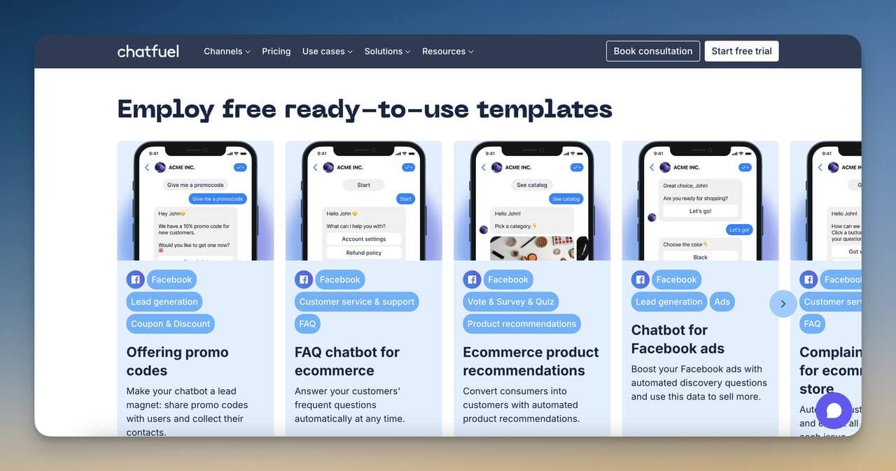 Chatfuel ecommerce template gallery showing abandoned cart, FAQ, and lead capture chatbot flows