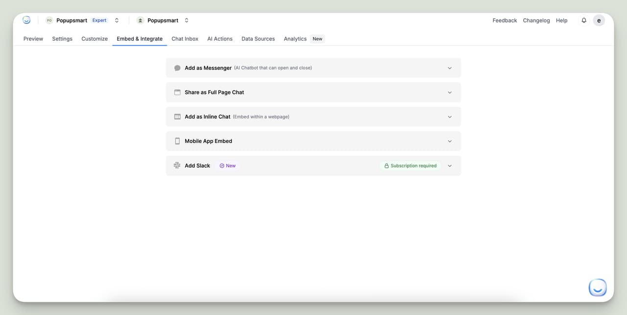 LiveChatAI embed options screen displaying choices to add chatbot as Messenger, inline chat, full-page chat, or Slack integration.