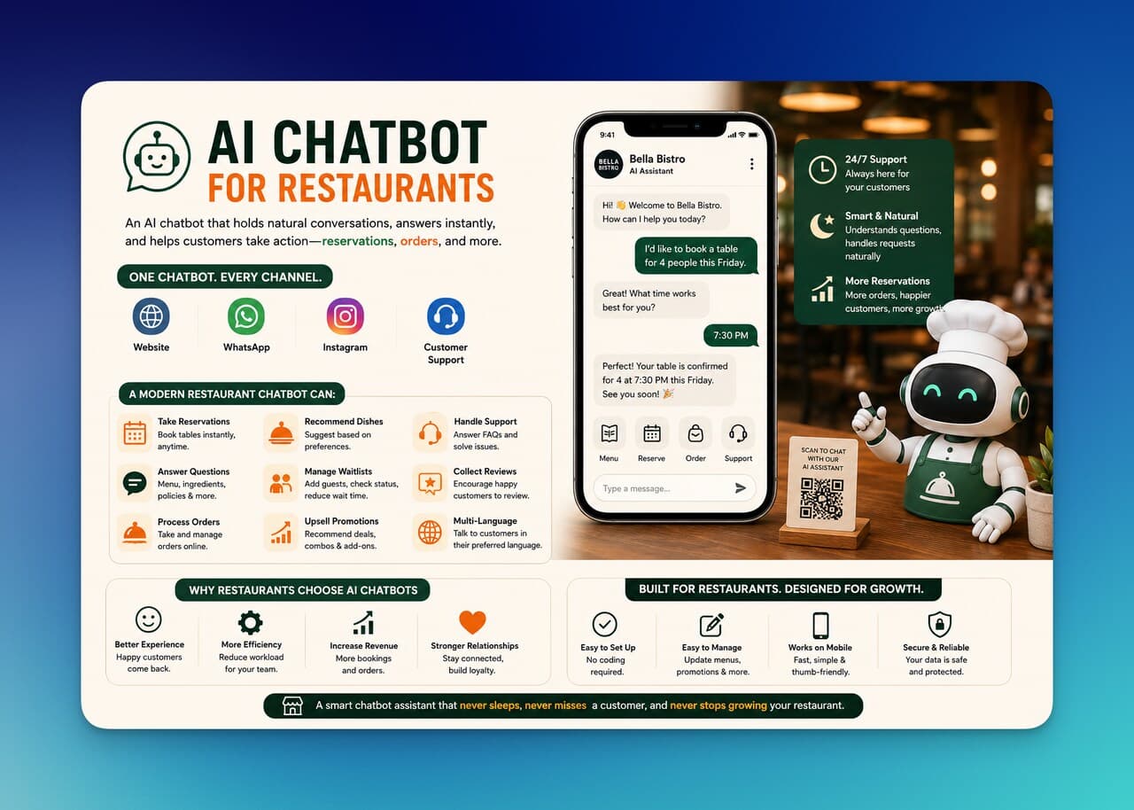 Infographic showcasing an AI chatbot for restaurants that handles reservations, orders, support, and boosts customer engagement through multiple channels.