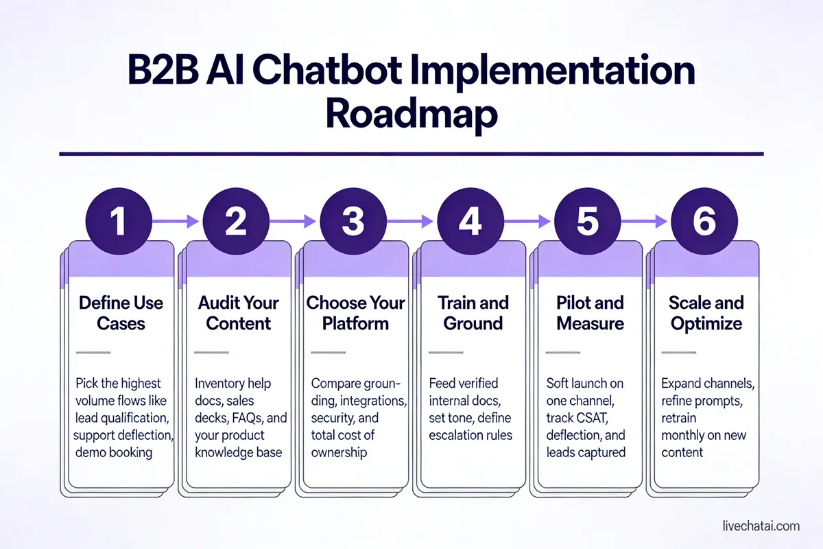 Six-step horizontal infographic showing the B2B AI chatbot implementation roadmap from use cases to scale