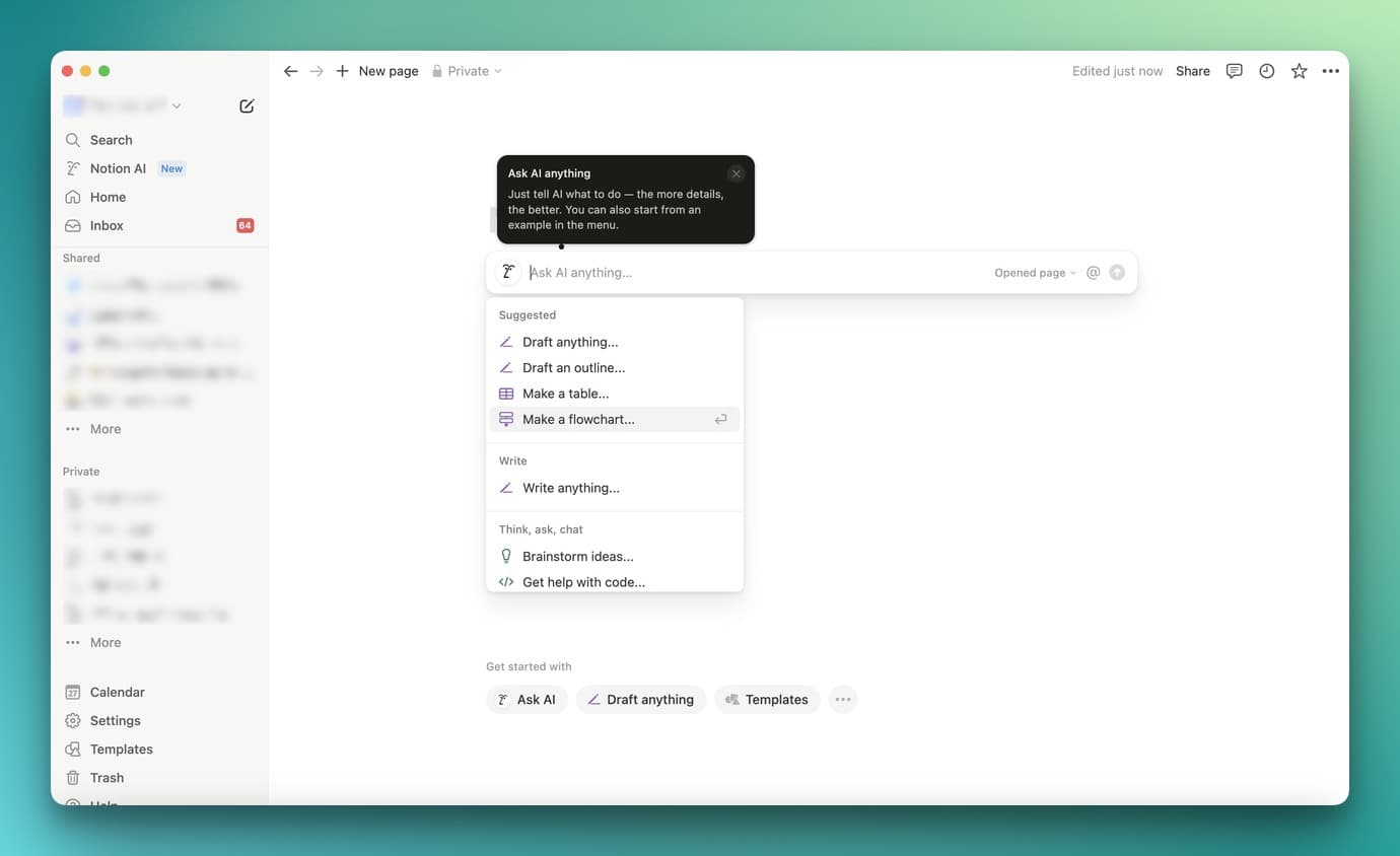 Notion's Ask AI feature on a new page