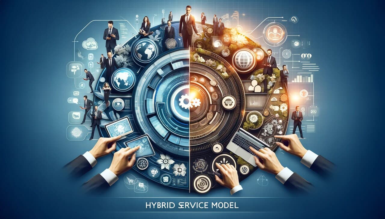Hybrid customer service model blending traditional human and digital AI channels illustration.