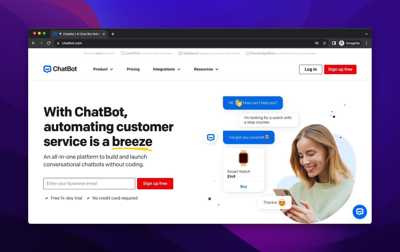Chatbot.com homepage showing the no-code chatbot platform for businesses