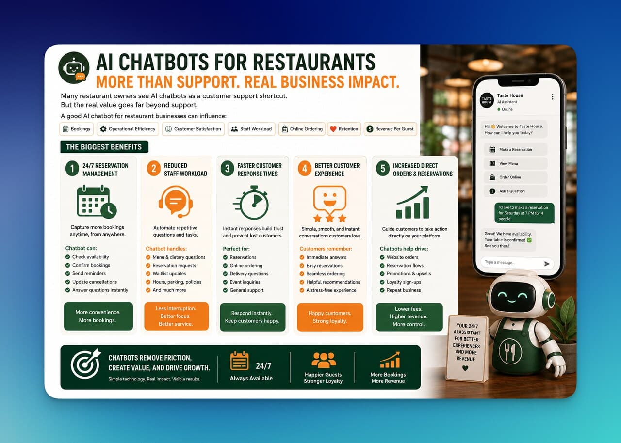 Infographic explaining AI chatbots for restaurants, highlighting benefits like 24/7 booking, reduced workload, faster responses, better experience, and increased orders.