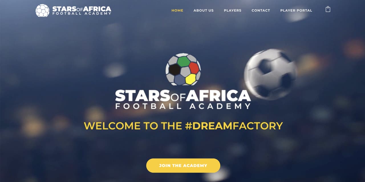 Website for Stars of Africa Football Academy showcasing training matches and achievements with WhatsApp chatbot trial registration
