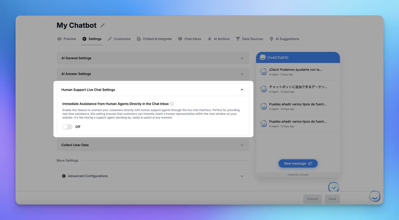 LiveChatAI human support live chat settings screen showing agent handover controls