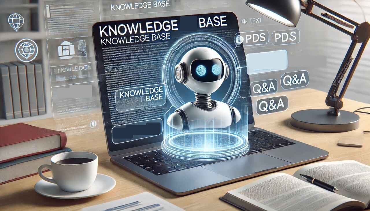 Diagram showing a knowledge base chatbot retrieving information from a structured content repository to answer user questions