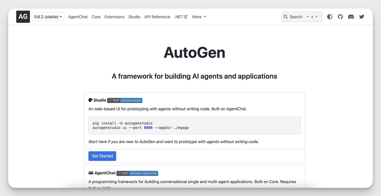 AutoGen official homepage showing how to build AI agents with Python, including command-line installation instructions and UI studio features.