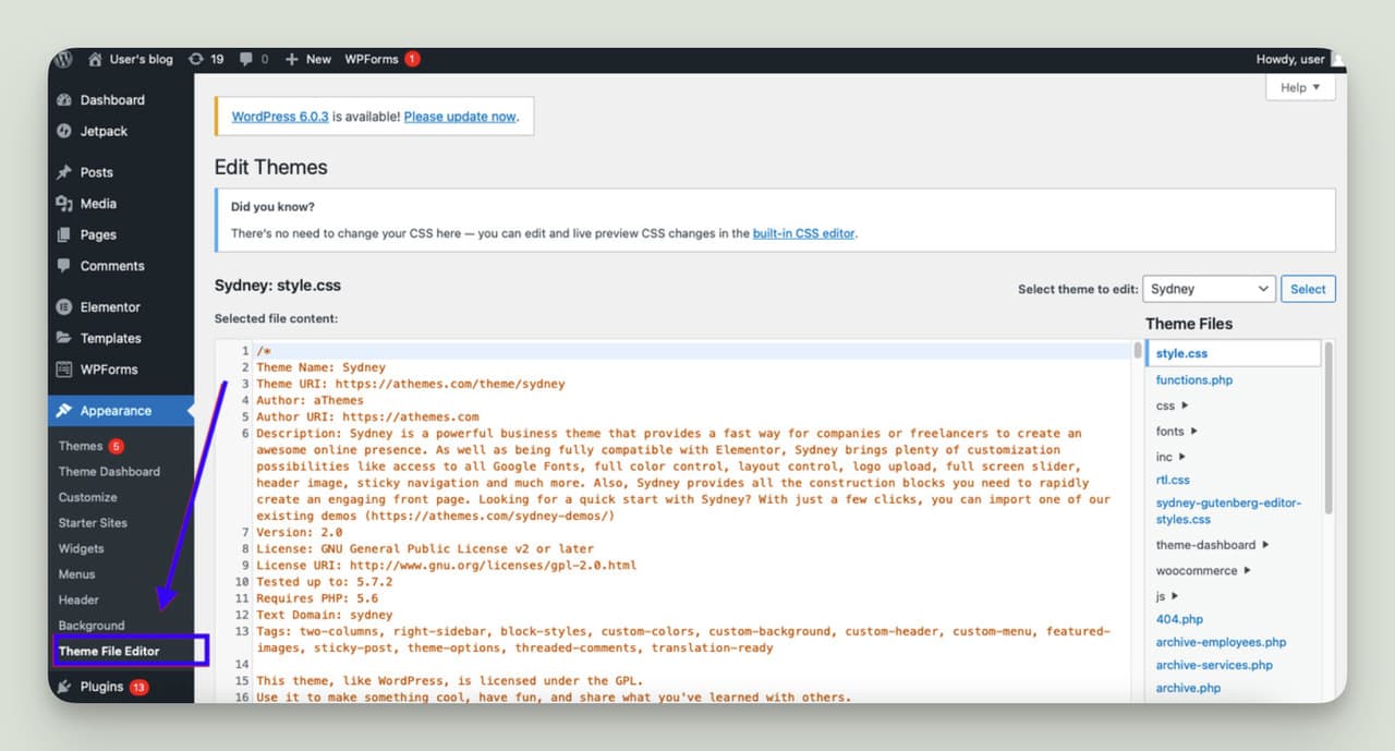 WordPress theme editor displaying footer.php where LiveChatAI chatbot embed script is inserted.
