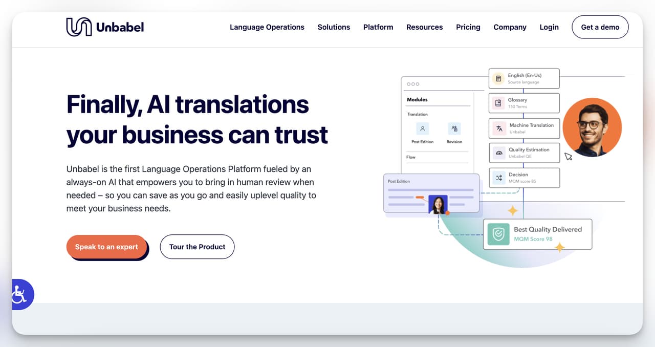 Unbabel AI-powered translation platform landing page showing customer support translation features