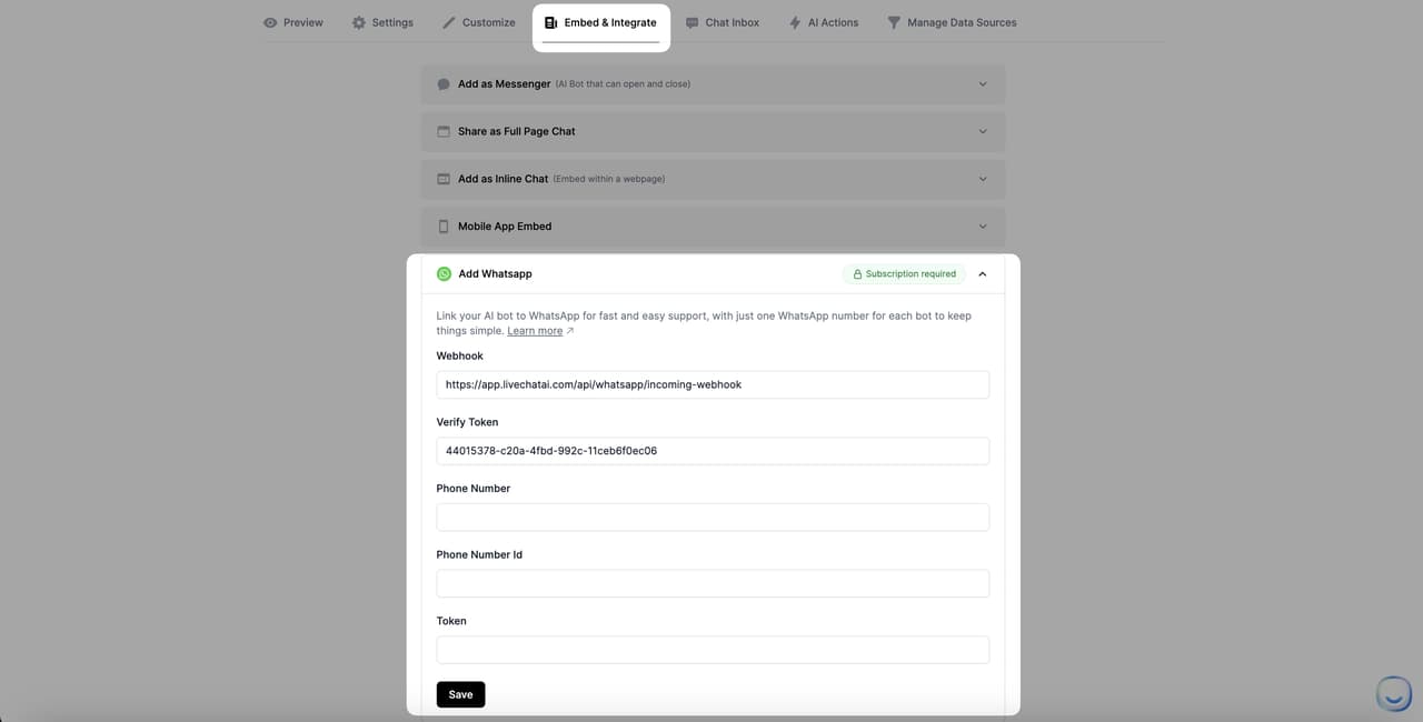 WhatsApp embedding section on LiveChatAI dashboard showing the integration steps for connecting Meta for Developers account