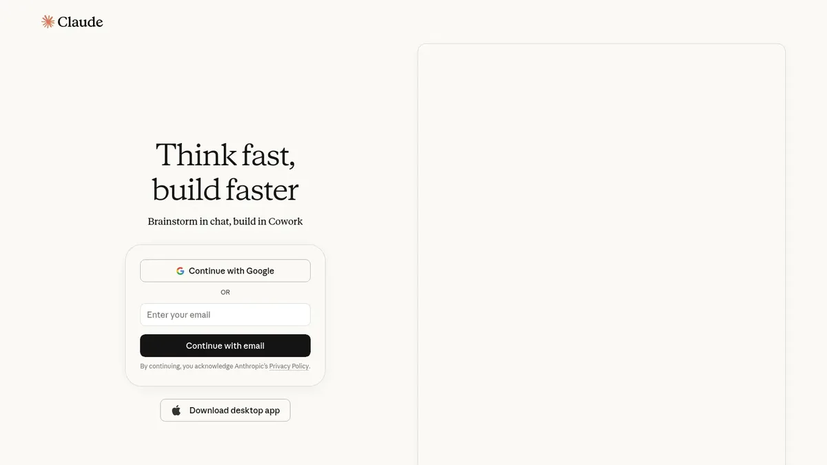 Claude homepage by Anthropic showing the Think fast build faster AI chat sign-in for teachers