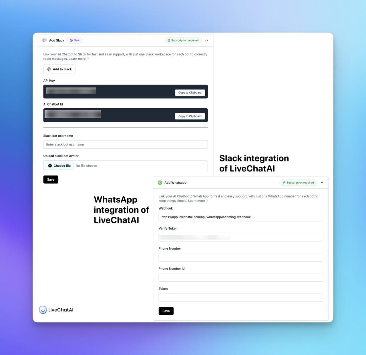 LiveChatAI dashboard views for omnichannel chatbot support across platforms