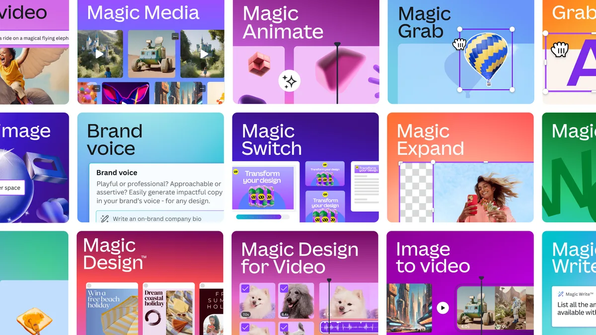 Canva Magic Studio tile compilation showing Magic Media Magic Animate Magic Grab Magic Switch and Magic Design features