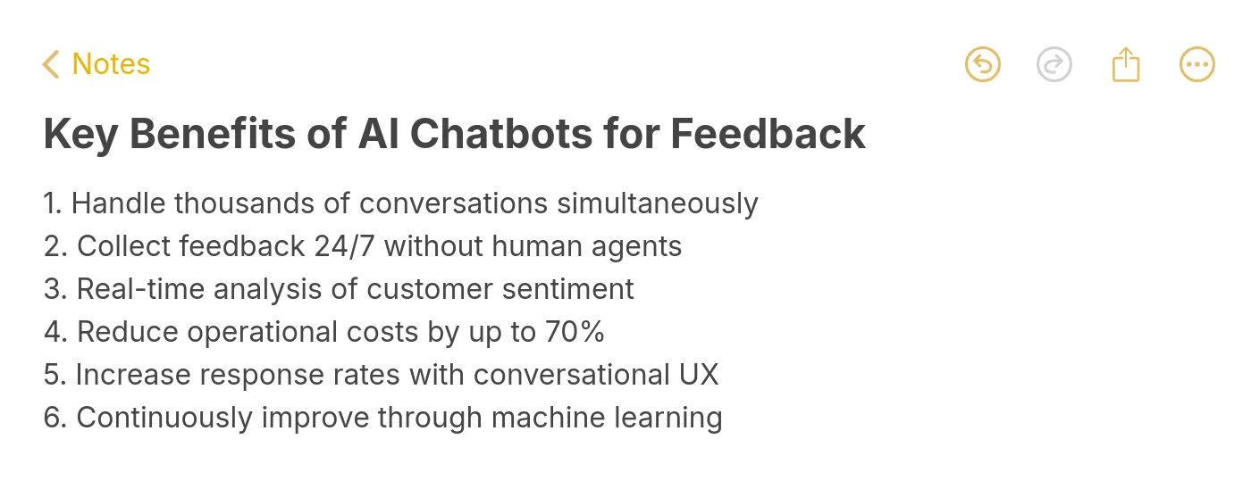 Note listing 6 key benefits of using AI chatbots for feedback collection including 24/7 availability, real-time sentiment analysis, and cost reduction