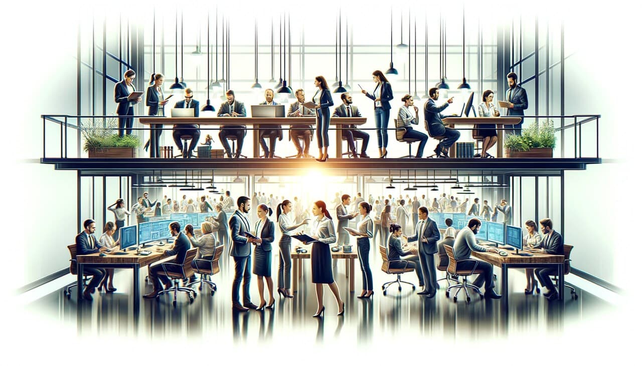 Team management visualization with support agents working in tiers across an office