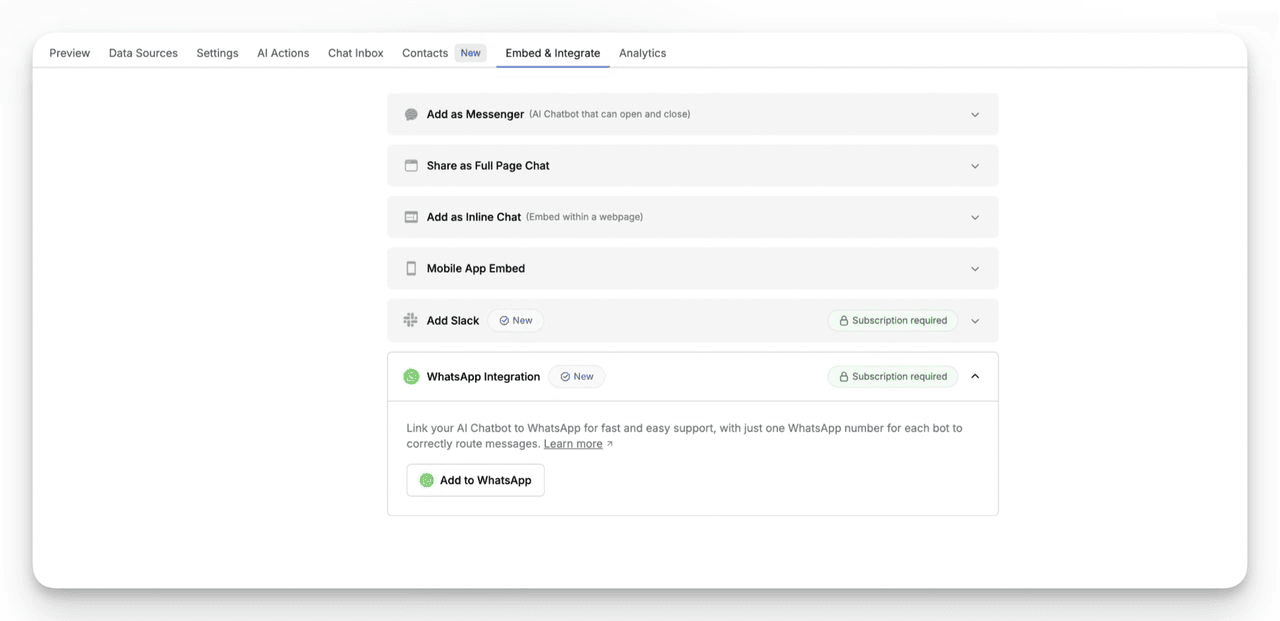 LiveChatAI dashboard Embed & Integrate tab showing multiple chatbot integration options including Messenger, Slack, and WhatsApp Business integration.