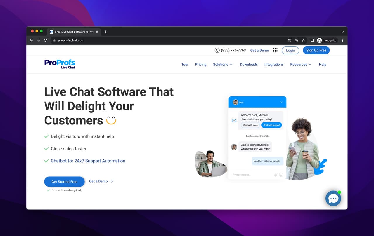 ProProfs Chat homepage showing the AI chatbot software for instant support