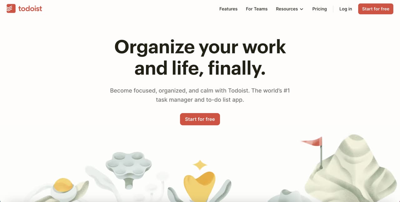 the homepage of Todoist on a playful background