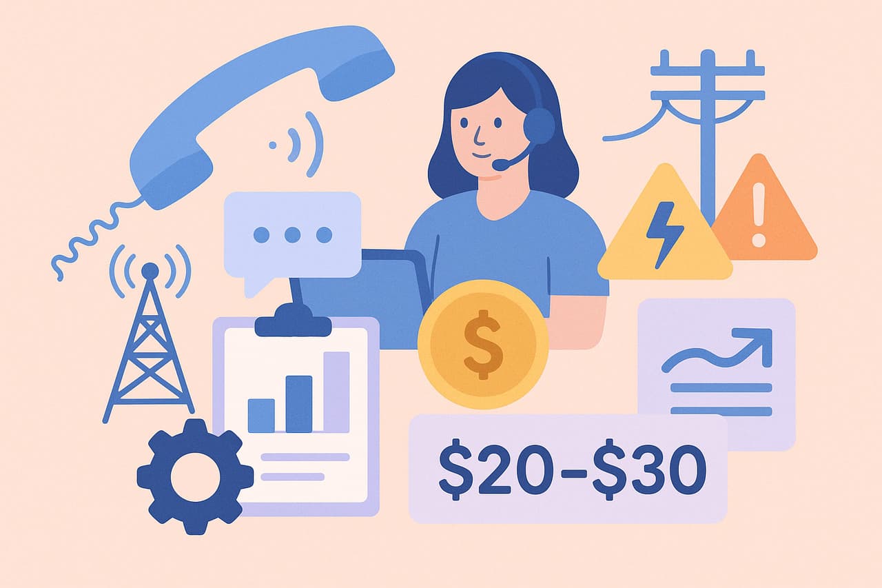 Telecommunications and utilities support illustration with phone, signal tower, chart, and technician headset, showing $20–$30 cost per ticket.