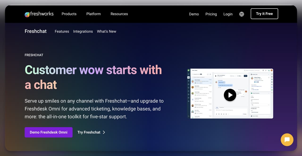 Freshchat homepage from Freshworks highlighting omnichannel live chat and upgrade to Freshdesk Omni
