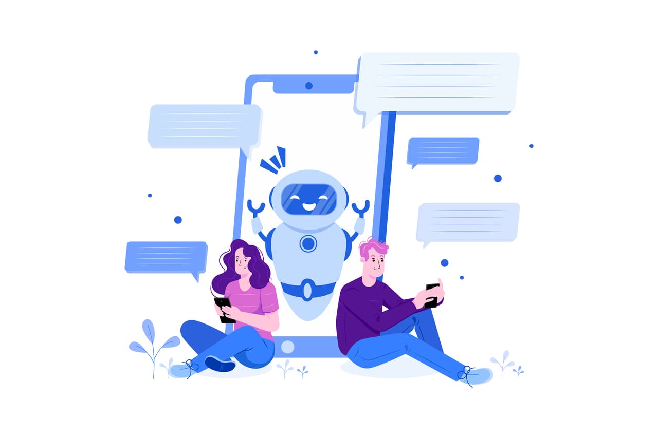 chatbot helping people and people trying to solve their problems through their smartphones