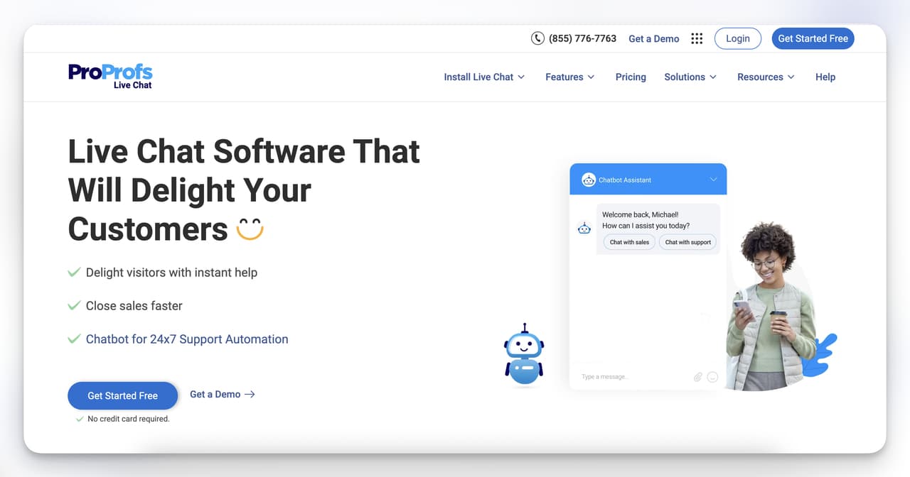 ProProfs Chat homepage highlighting 24/7 chatbot support, live chat automation, and lead capture for online businesses