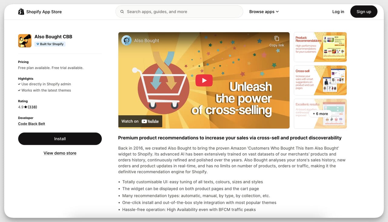Shopify Product Recommendation App - Also Bought CBB dashboard showcasing AI-powered cross-sell and upsell features with customizable product suggestions.