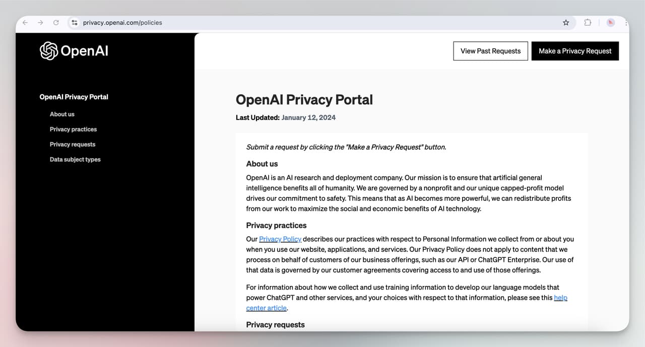 Screenshot of the OpenAI Privacy Portal homepage, where users can submit data privacy requests, view OpenAI privacy policies, and manage personal data.