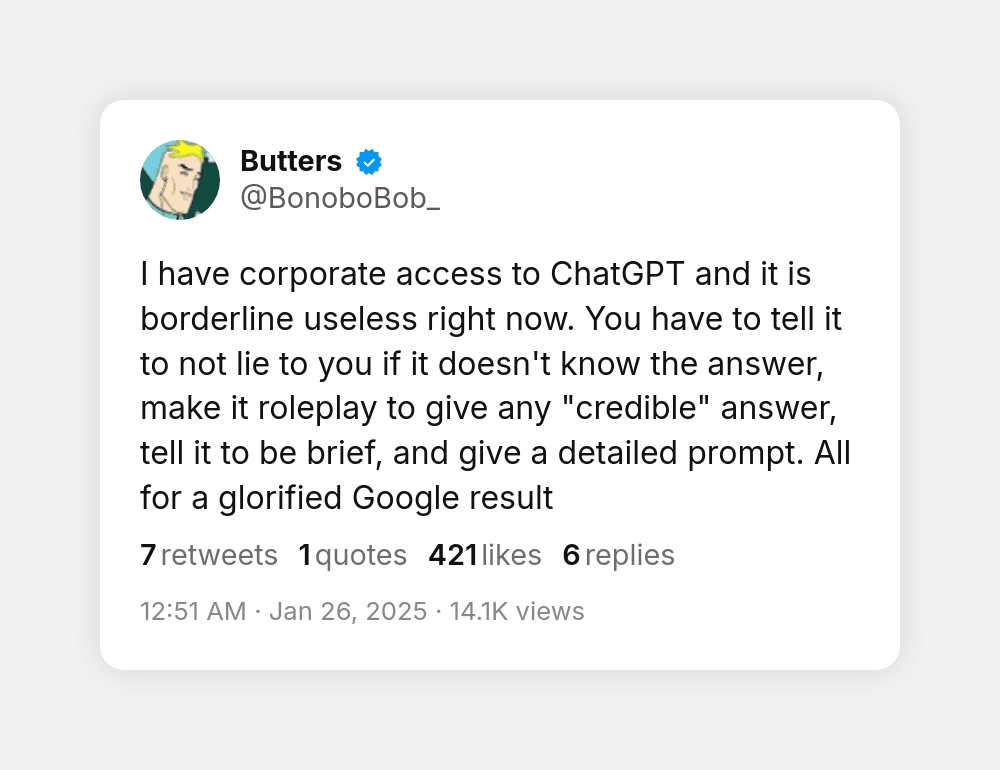 Tweet from @BonoboBob_ calling ChatGPT nearly useless in enterprise settings