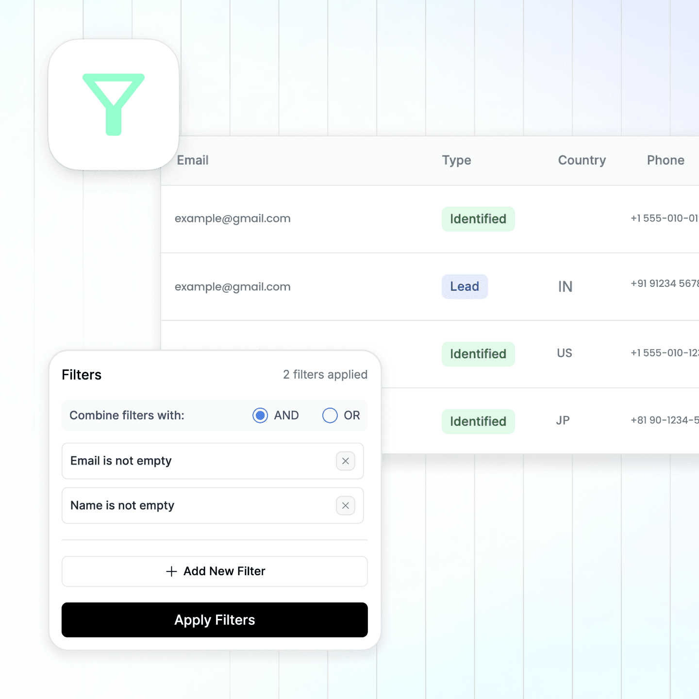 LiveChatAI ‘Lightning-Fast Search & Filters’ screen showing a funnel icon, three benefit bullets, and a contact table with a pop-up filter builder using AND/OR rules to segment leads.