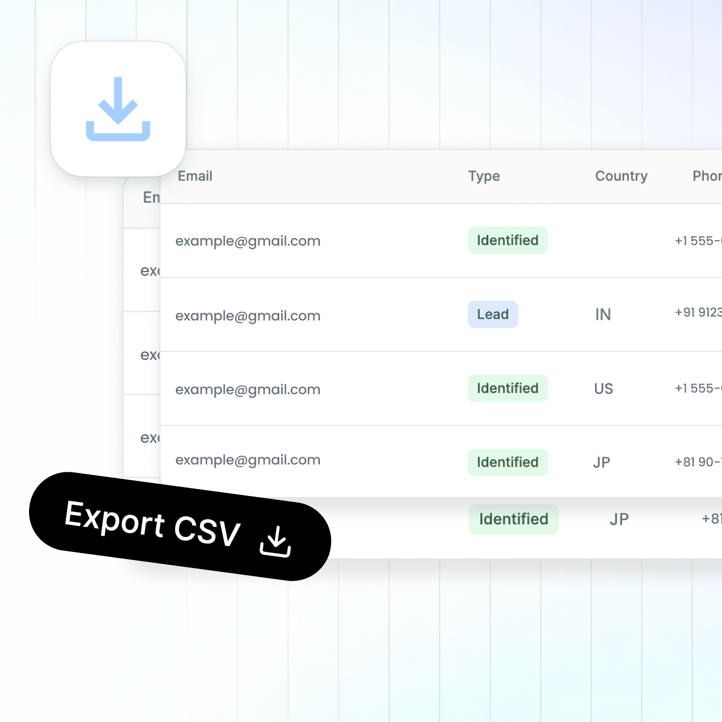 LiveChatAI ‘One-Click CSV Export’ screen showing a contact table with an export icon, highlighting the ability to download filtered lead lists directly without manual data entry.