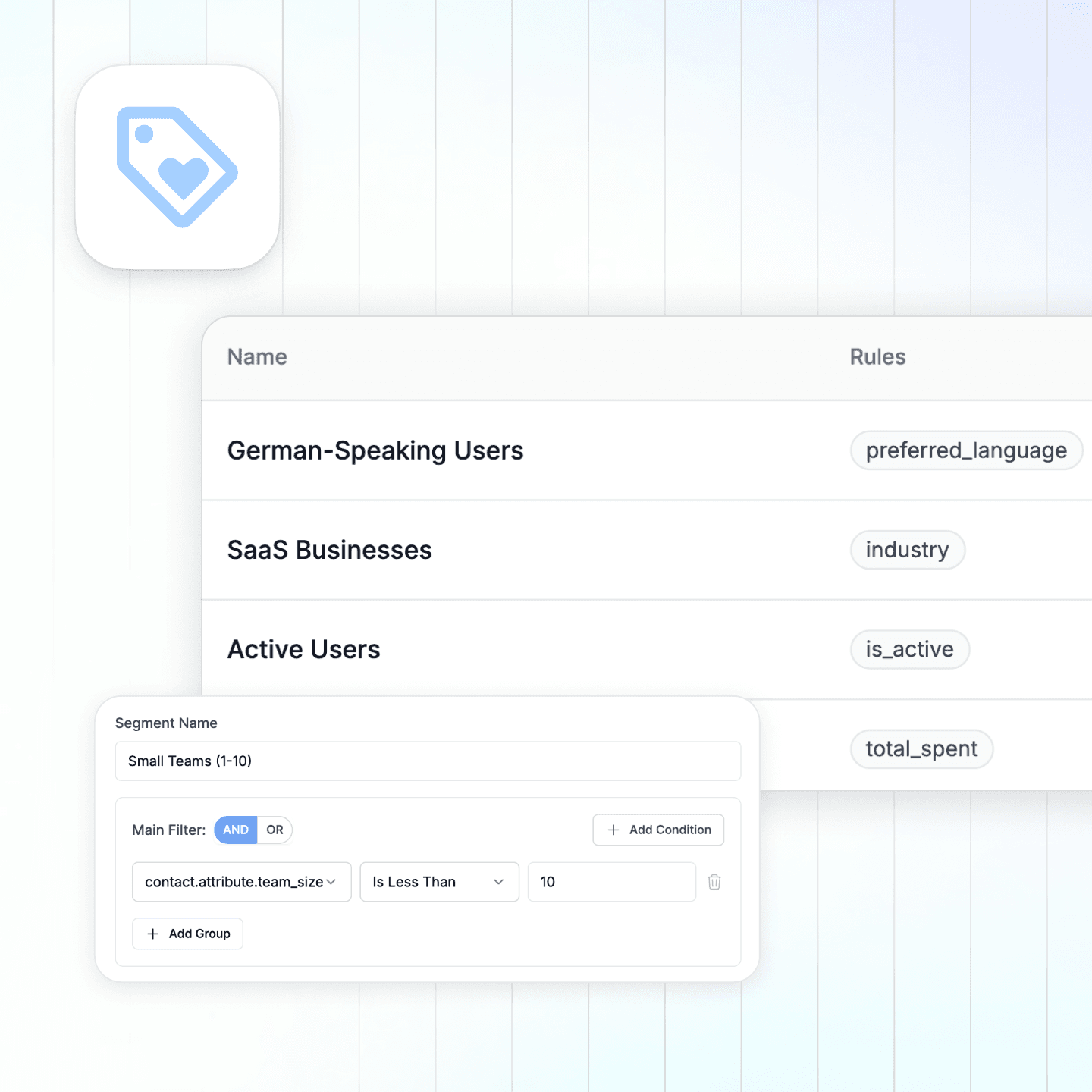 LiveChatAI Hyper-Personalized Conversations view showing dynamic segments by attributes like team size and total spend, used to deliver targeted AI answers in real time.