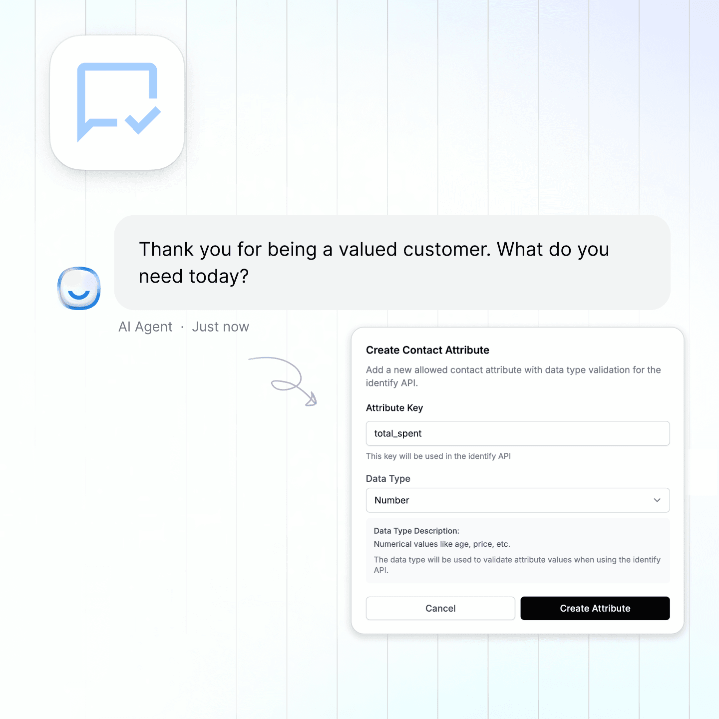 LiveChatAI Context-Aware Conversations view showing an AI chat greeting and an attribute creation form, highlighting how bots use customer data to deliver personalized messages.