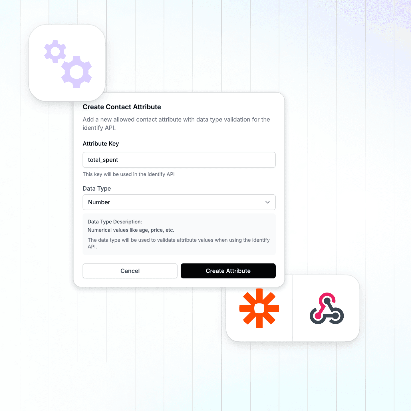 LiveChatAI Automation-Ready Data view showing an attribute setup panel and integration icons for Zapier and webhooks, illustrating how enriched contact data powers automation tools.