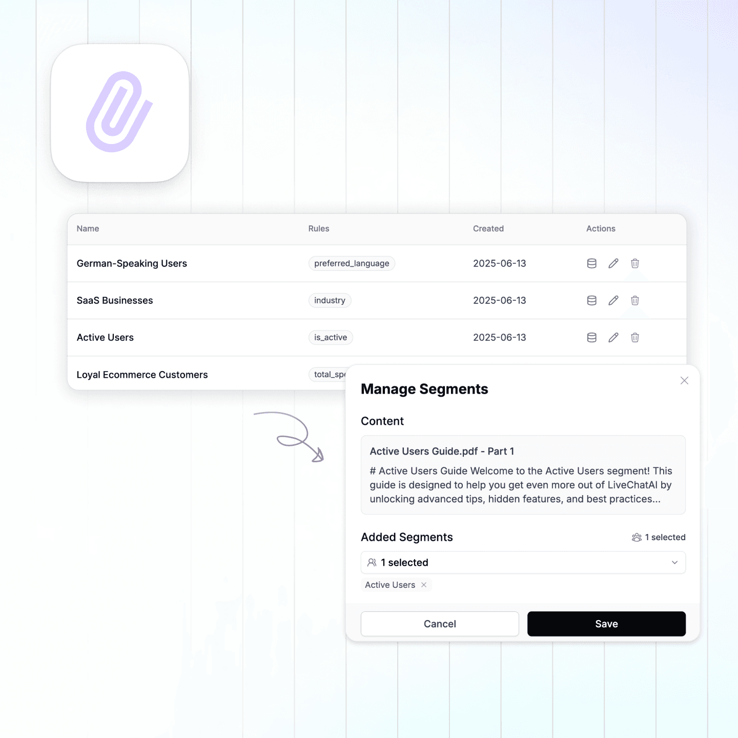 LiveChatAI Content Control screen showing segment-level document access, rule-based segment filters, and a manage segments panel with gated content like PDFs.