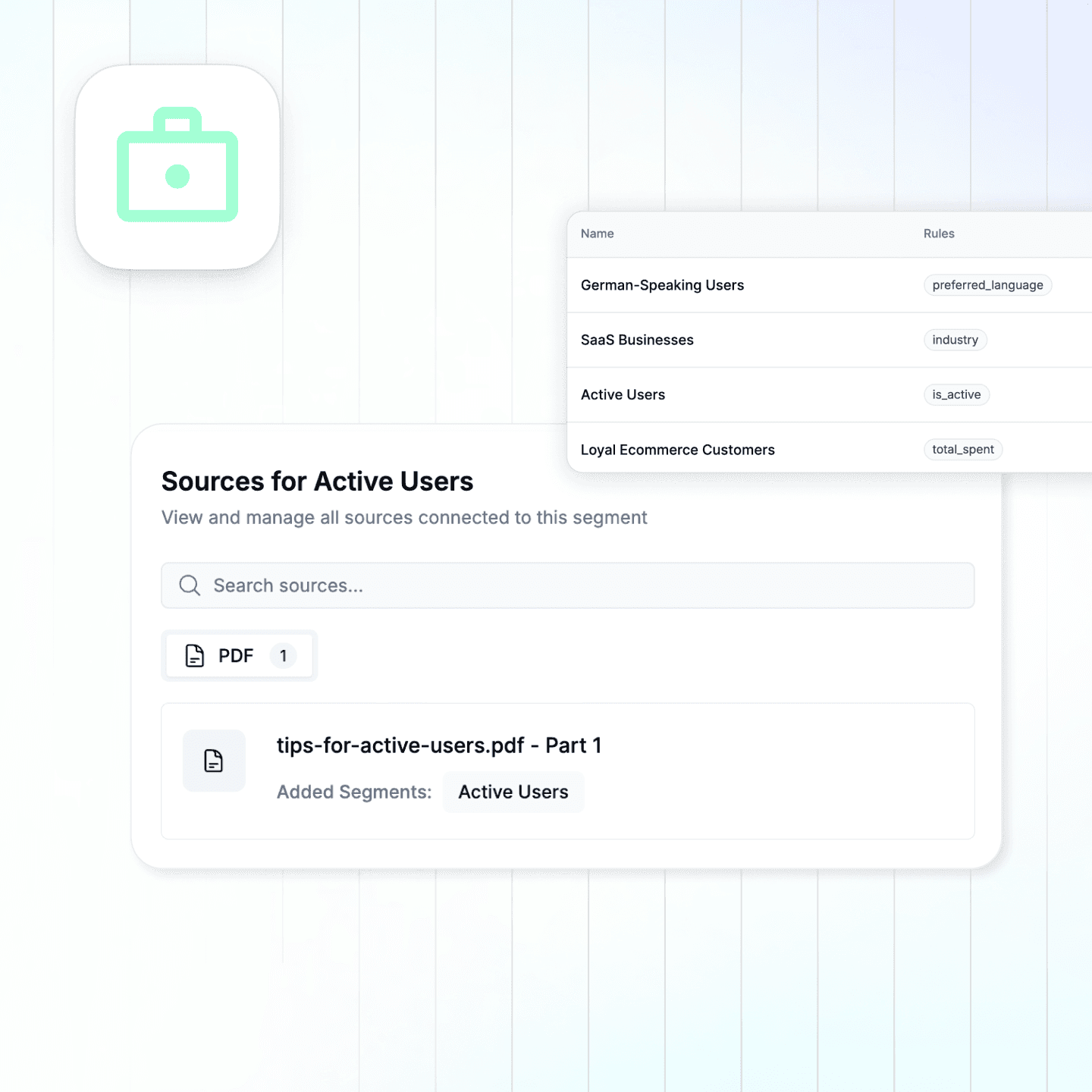 LiveChatAI Enterprise-Grade Efficiency view showing segment builder with rules and data source connections, enabling visual setup and one-click rollouts for large teams.