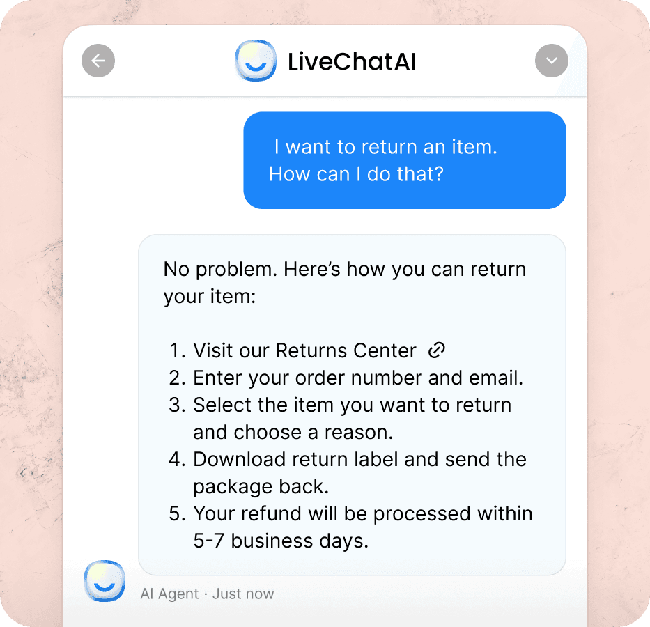 LiveChatAI answering an online shopper's customer service question