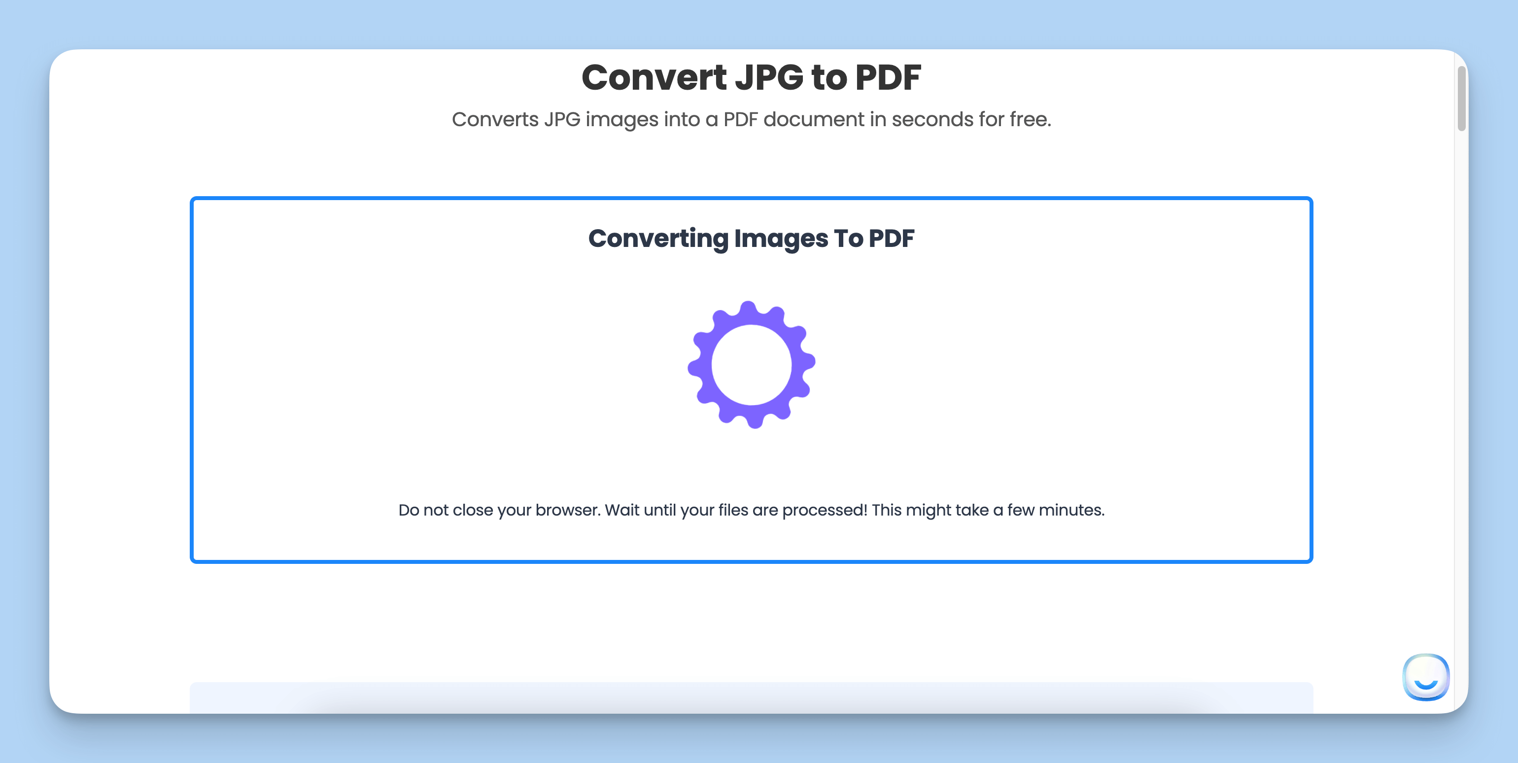 The third step of JPG to PDF Converter is the processing step