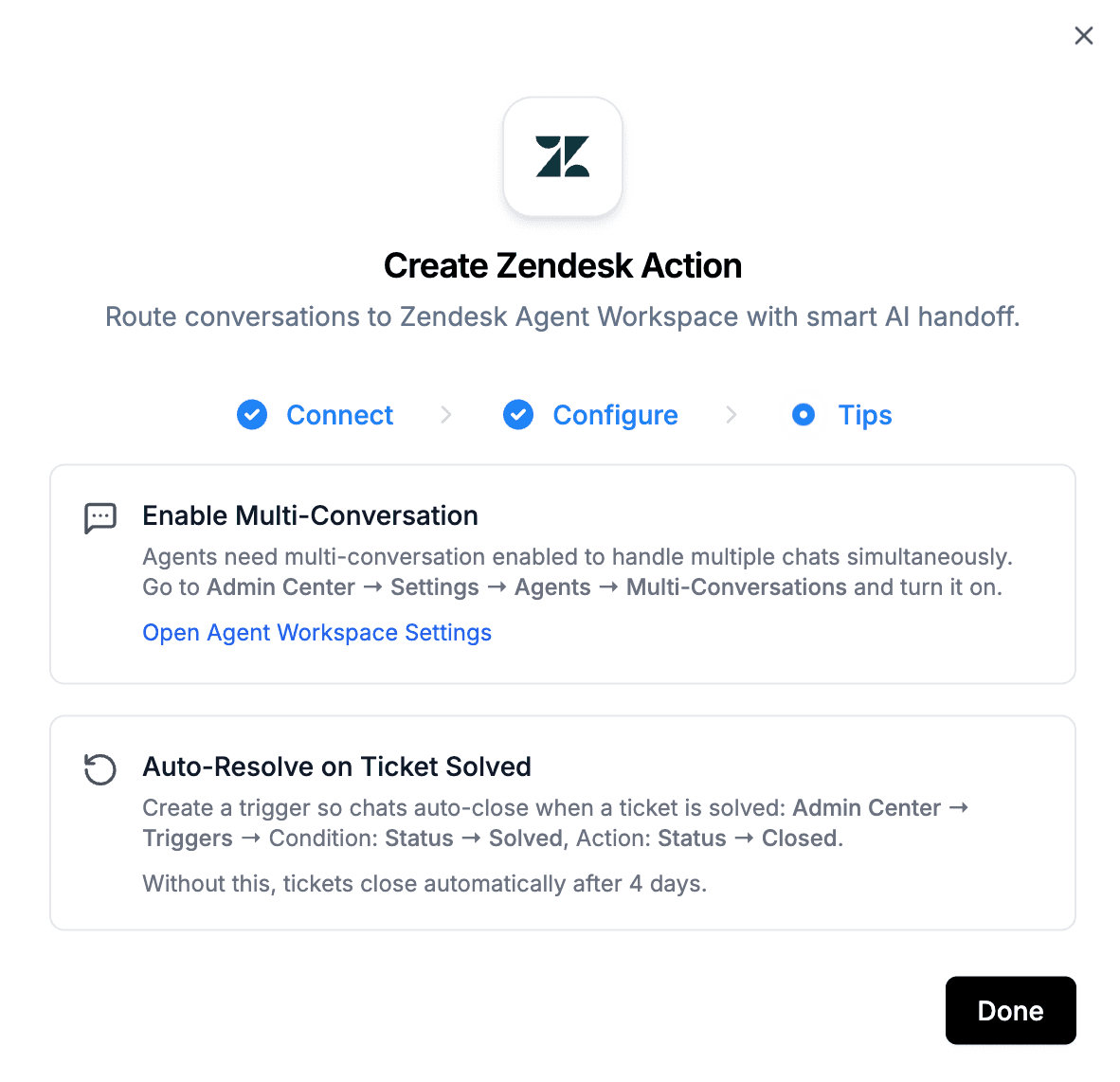 LiveChatAI Zendesk Action tips screen showing Enable Multi-Conversation and Auto-Resolve on Ticket Solved settings for Zendesk Agent Workspace