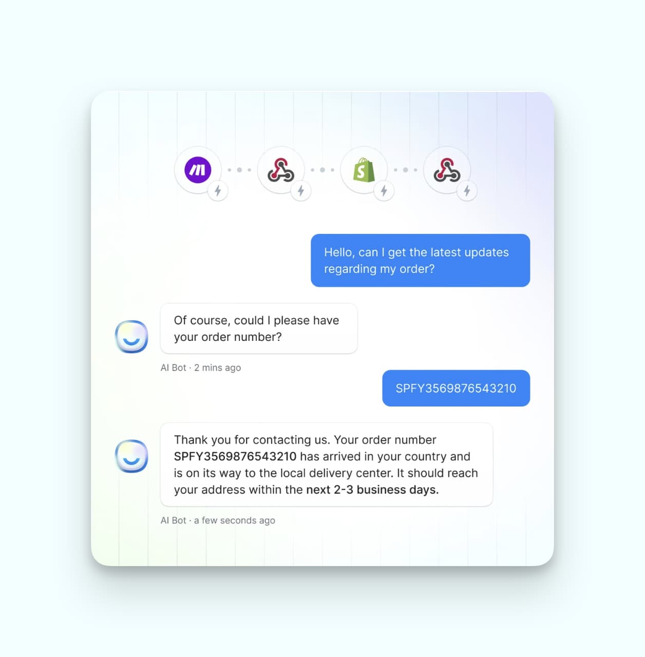 LiveChatAI chatbot showing AI in customer support by retrieving real-time order updates from Shopify.