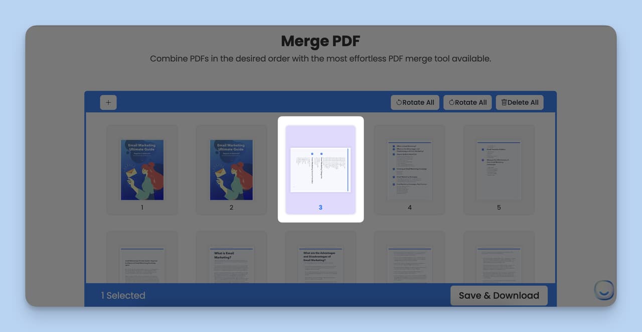 The rotate specific page step, which is the fourth step of the Merge PDF Tool.